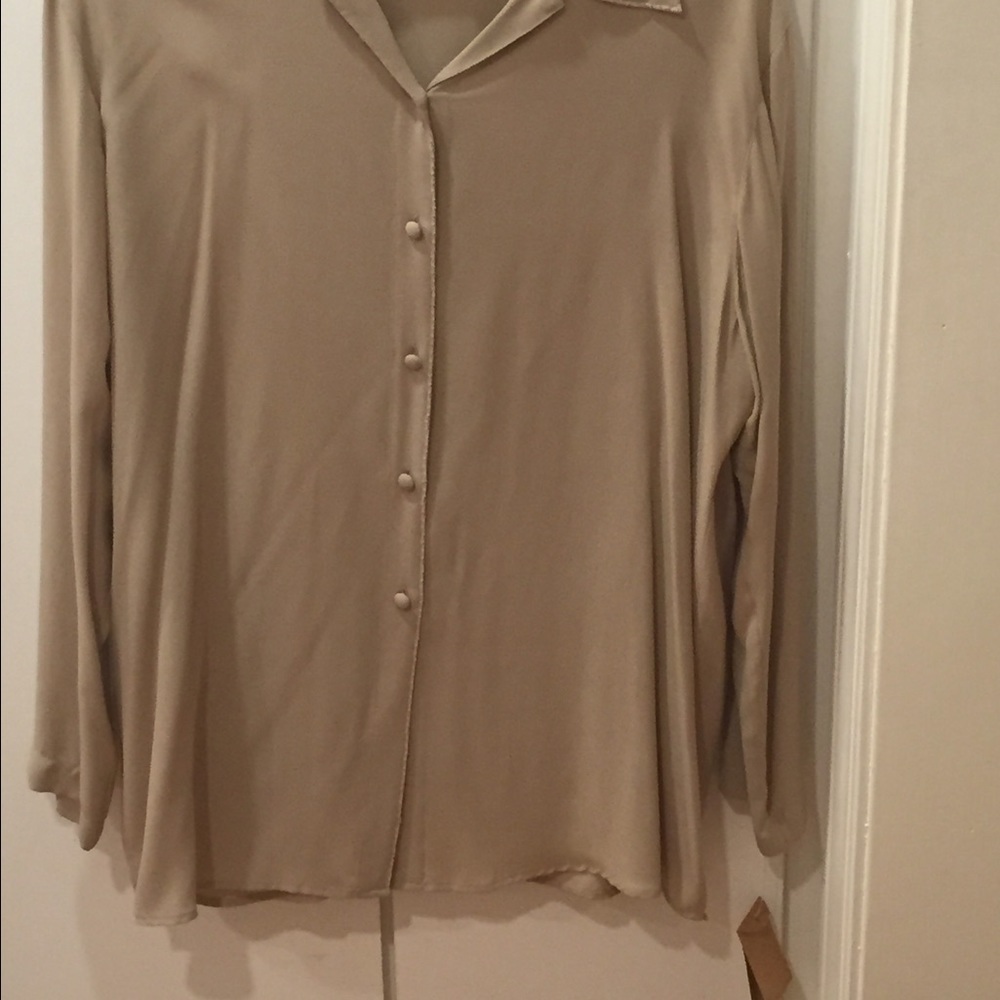 Finity Silk Blouse Button Front with Bead Trimmed Collar Vintage - L - Tan -EUC - Picture 4 of 4